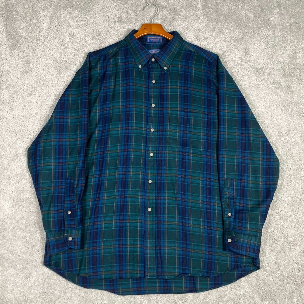 VTG 90s Sir Pendleton Wool Shirt Black Watch Tartan Green Blue USA Made Men 2XL